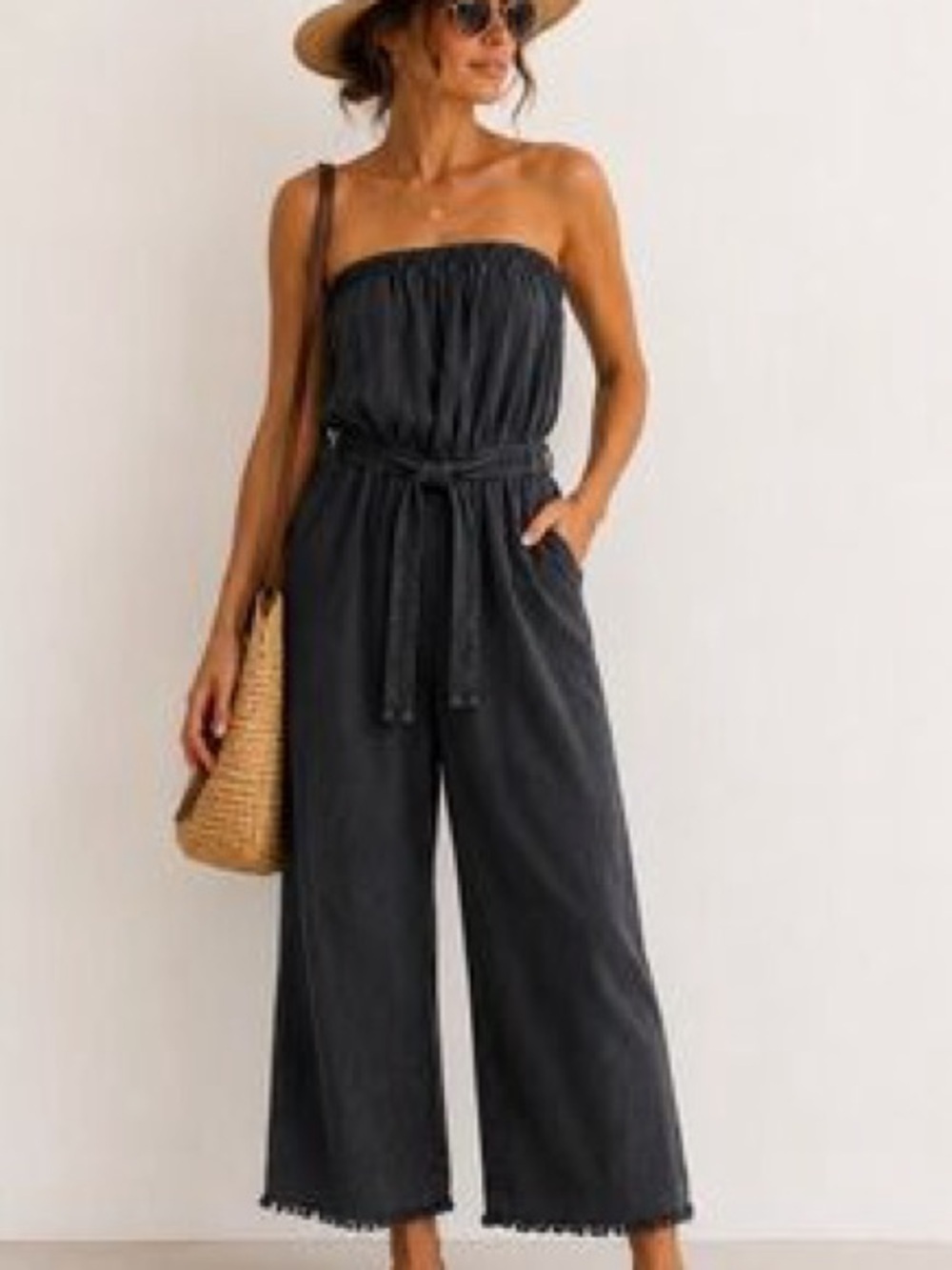 Bella Dahl Black Strapless Jumpsuit with Waist Tie size large